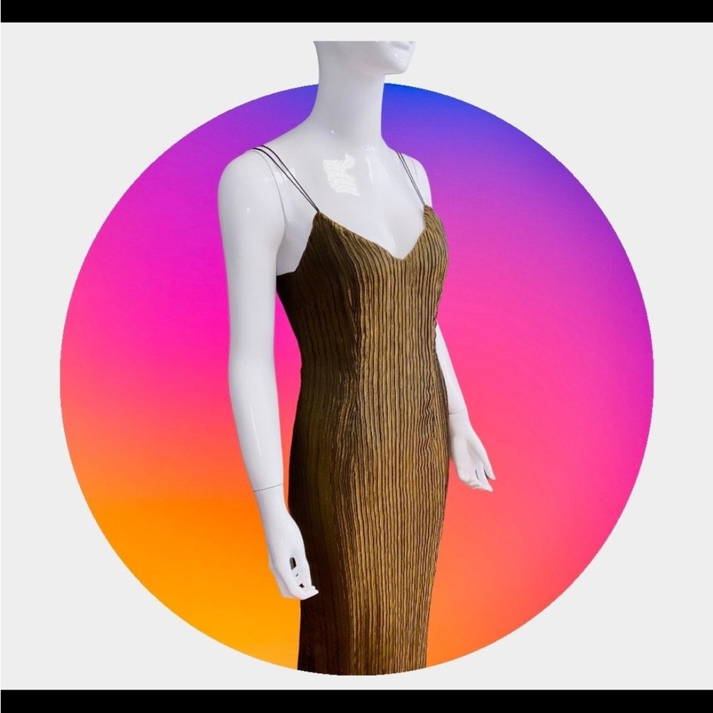 Vintage Y2K Pleated Gold/Khaki Shimmering Elegant Evening Dress